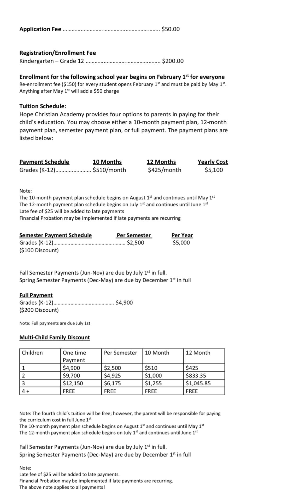 Tuition & Fees Hope Christian Academy